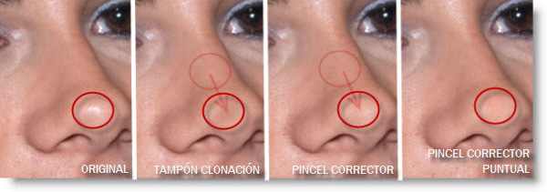 Comparación Tampón de Clonación, Pincel Corrector y Pincel Corrector Puntual