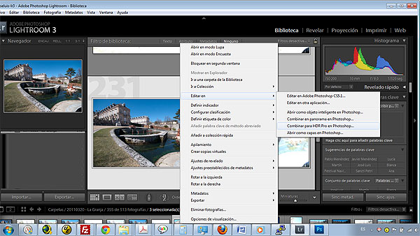 Abriendo las fotos para hacer el HDR desde Lightroom