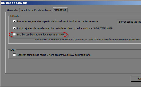 Deshabilitar escritura automática en XMP