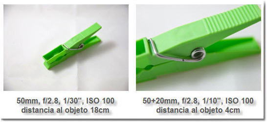 Comparación del rango de enfoque con y sin tubo de extensión