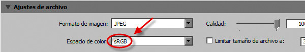Selección del perfil sRGB en Lightroom