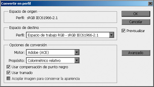 Selección del perfil sRGB en Photoshop
