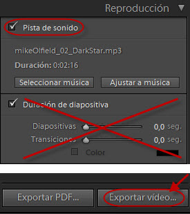 Pista de música y duración de diapositiva. Botón de Exportación