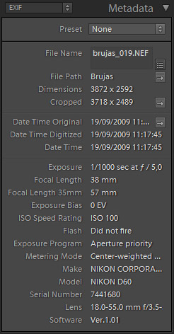 Datos EXIF en Lightroom