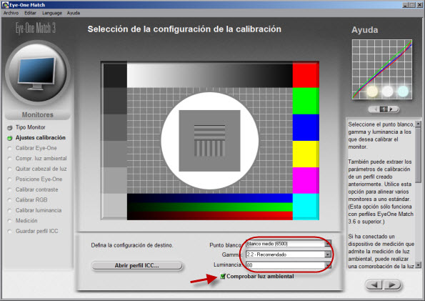 Eye One Match 3 - Elección del punto blanco, gamma y luminancia