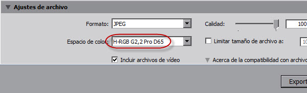 Exportación en Lightroom - Selección del perfil de color a incrustar