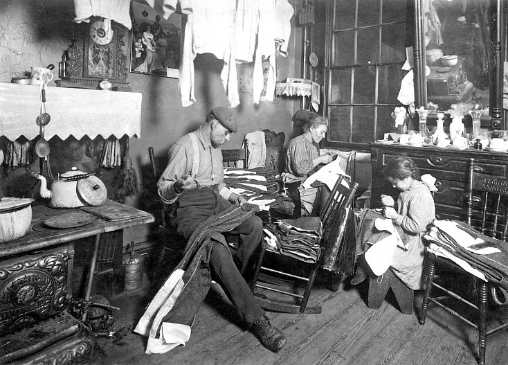 Lewis Hine - Jennie Rizzandi, 9 year old girl, helping mother and father finish garments in a dilapidated tenement