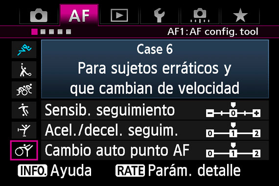 En Canon existe una serie de configuraciones en función de cada caso, donde podemos especificar la sensibilidad de seguimiento, si el sujeto acelera o decelera más o menos y si queremos que el enfoque se mantenga a pesar de que un objeto se cruce en nuestro encuadre.