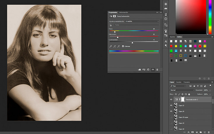 Con Tono/Saturación podemos volverle a dar a la foto su tono sepia original