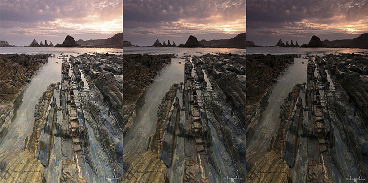 Se han utilizado tres fotografías con diferentes exposiciones. Se podría haber usado la foto del medio para conseguir la foto, puesto que el cielo tiene detalle, pero las rocas del fondo están demasiado oscuras, por lo que aparecería ruido al levantar las sombras.