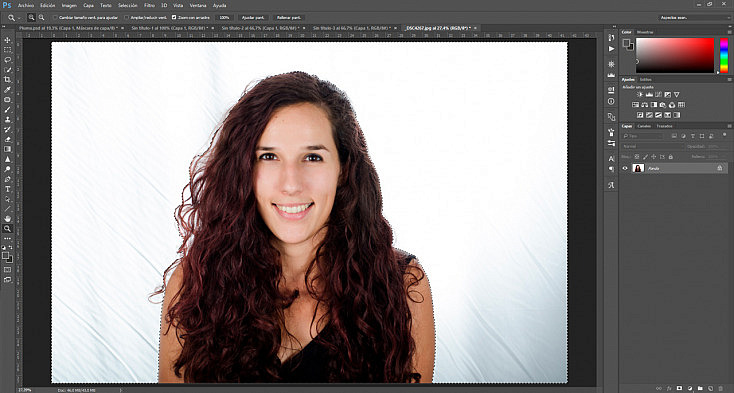 Con las selecciones normales no somos capaces de recortar correctamente el pelo para poder dejar el fondo en blanco