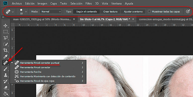 ¿Cómo se utiliza la herramienta pincel corrector en Photoshop?