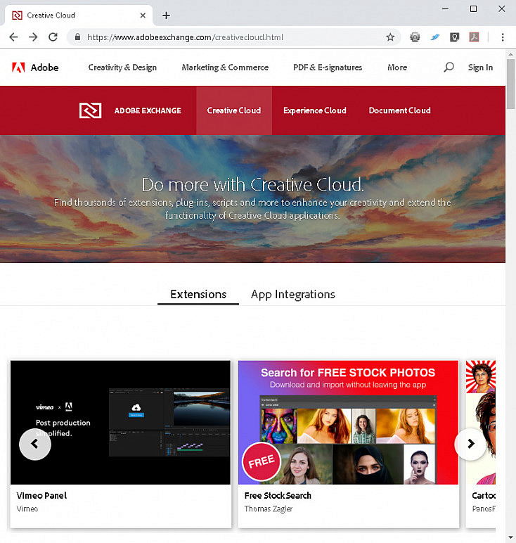 Captura de pantalla de Adobe Exchange Creative Cloud