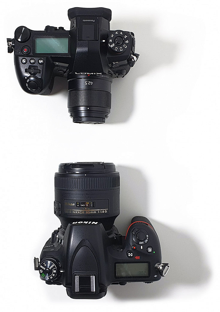 Comparación de tamaños con cuerpo incluido del Panasonic 42.5mm f/1.7 y el Nikon 85mm f/1.8G